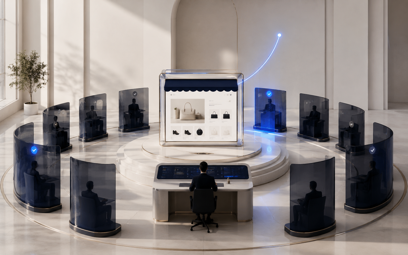 Ondernemer aan een controlecentrum omringd door geverifieerde kopers