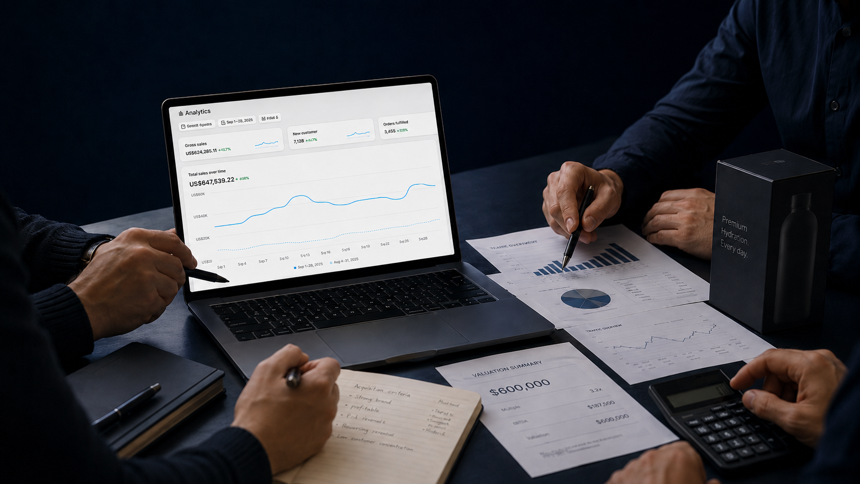 Ondernemers analyseren verkoopcijfers en waardering op een laptop